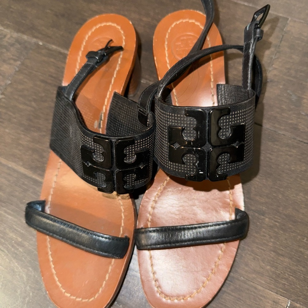 Tory Burch Black Leather & Tan Footbed Logo Sandals